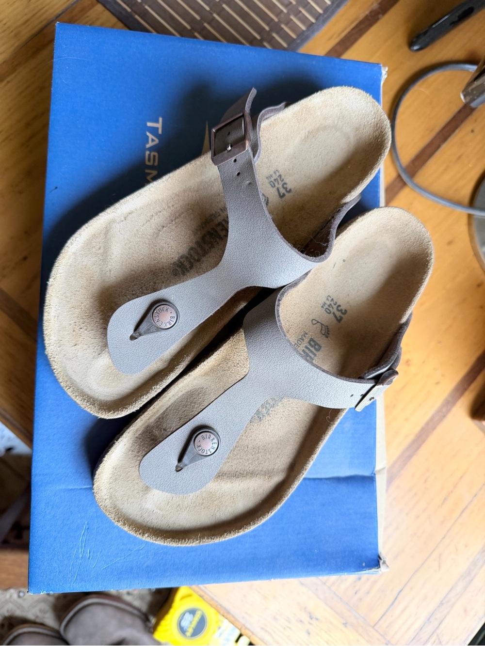 Birkenstock Gray T-Strap Cork Footbed Sandals